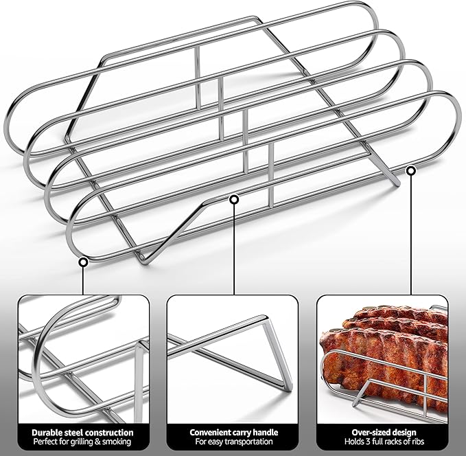 Sorbus Non-Stick Rib Rack XL - Porcelain Coated Steel Roasting Stand – Holds 3 Full Rib Racks for Grilling & Barbecuing - Perfect BBQ Accessories for Smoker Grill - Convenient Design (Stainless Steel)