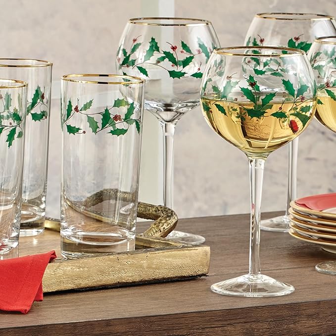 Lenox Drinkware, Holiday 4-Piece Wine Balloon Glass Set, Set Of 4, 16 Oz Capacity, Made From Glass, Festive Red Christmas Design, Hand Wash Only, Christmas Decorations, Winter Decor (4 Piece)