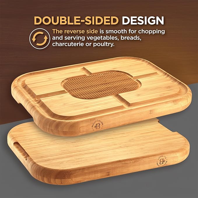 Turkey Platter for Thanksgiving - 18x12 Reversible Bamboo Carving Cutting Board for BBQ or Grilling - Heavy Duty Butcher Block with Deep Juice Groove, Spikes, Grid Grip - Large Kitchen Christmas Gift