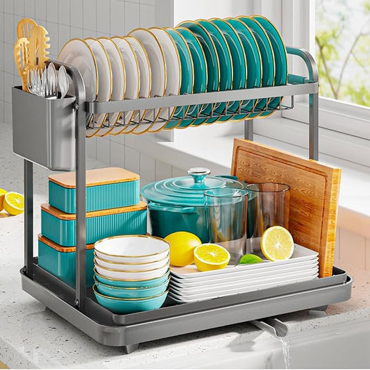2-Tier Dish Drying Rack - Stainless Steel Dish Rack with Cutlery & Utensil Holders for Kitchen Counter, Sink Organization and Storage Essentials, Home Decor, 15" W x 11.4" L x 15" H, Gray