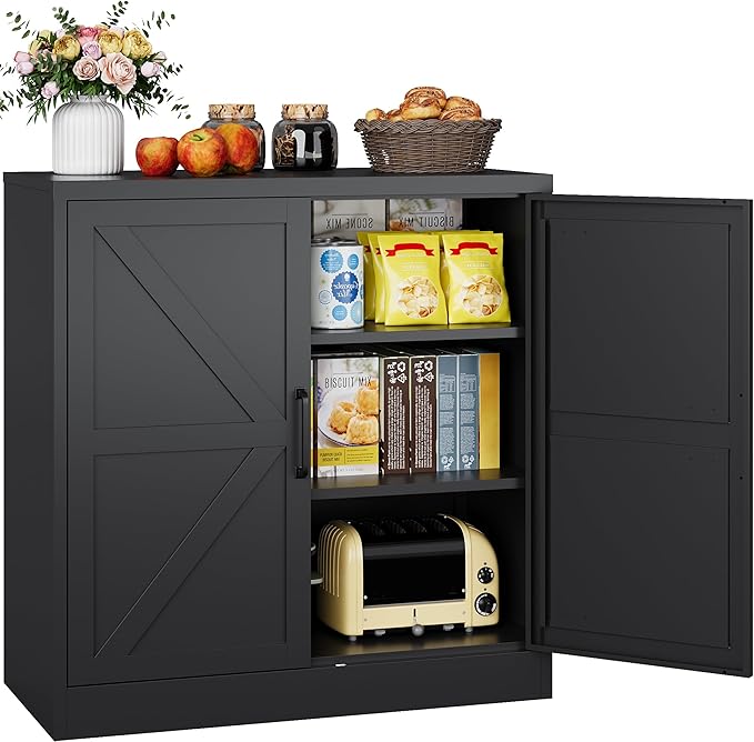 Black Storage Cabinet with Doors and Adjustable Shelves,36" Tall Farmhouse Food Pantry Cabinets,Small Sideboard Cabinet,Short Metal Storage Cabinets for Home Kitchen,Dining/Living/Laundry/Room