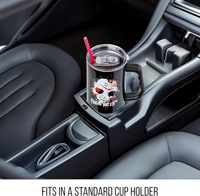 Silver Buffalo Friday The 13th Stainless Steel Tumbler with Handle Featuring Jason Voorhees’s Splatter Mask, Fits in Standard Cup Holder, 40 Ounces