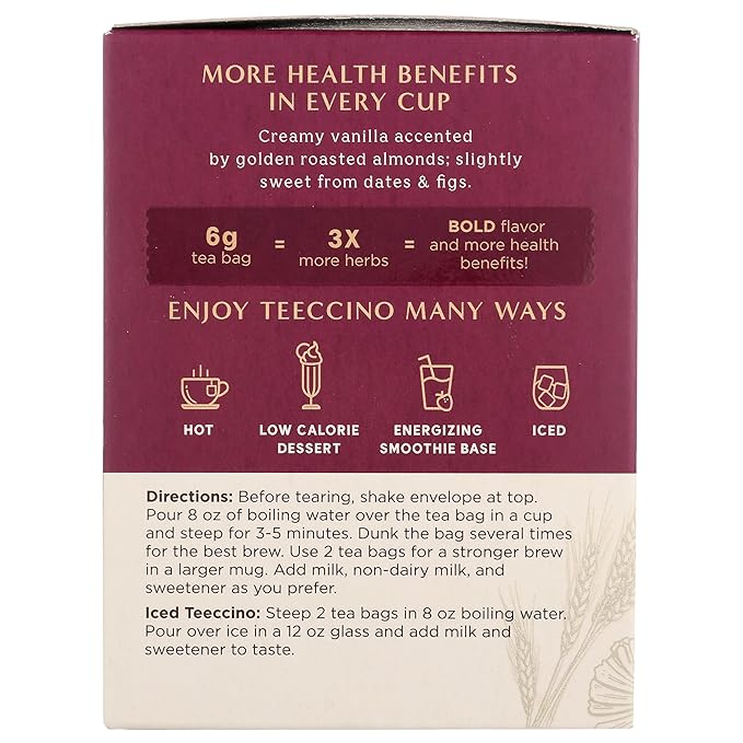 Teeccino Vanilla Nut Herbal Tea - Rich & Roasted Herbal Tea That’s Caffeine Free & Prebiotic for Natural Energy, 10 Tea Bags (Pack of 4)
