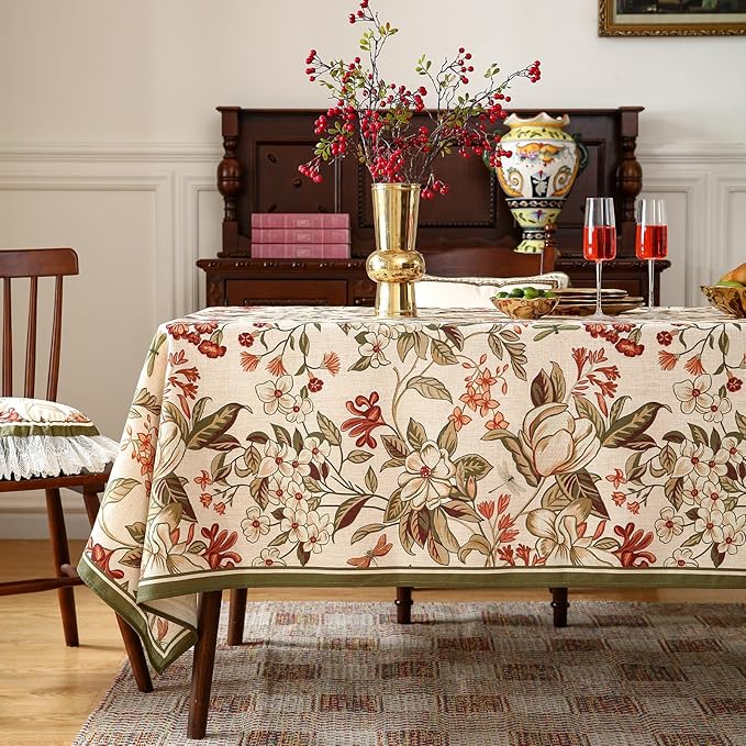ISAENNE Designer Bohemian Linen Long Rectangle Tablecloth,Colorful Floral Pattern Table Cloth,Wrinkle Resistant Decorative Tablecloths for Dining Thanksgiving Kitchen Party,63"*94"-Grace A