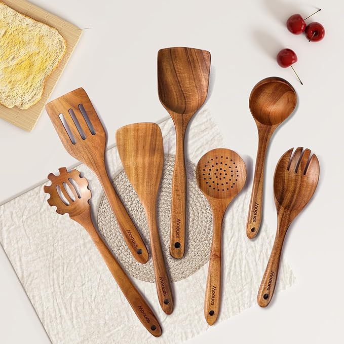 Wooden Spoons for Cooking, 7 Pcs Wooden Utensils for Cooking Natural Teak Wooden Kitchen Utensils Set