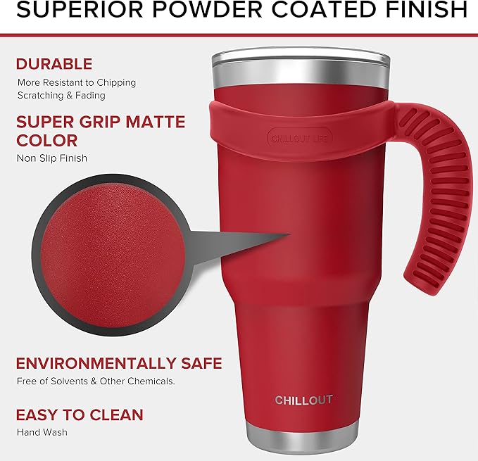 CHILLOUT LIFE Stainless Steel Travel Mug with Handle 40 oz – 6 Piece Set. Tumbler with Handle, Straw, Cleaning Brush & 2 Lids. Double Wall Insulated Large Coffee Mug Bundle - Cherry Red