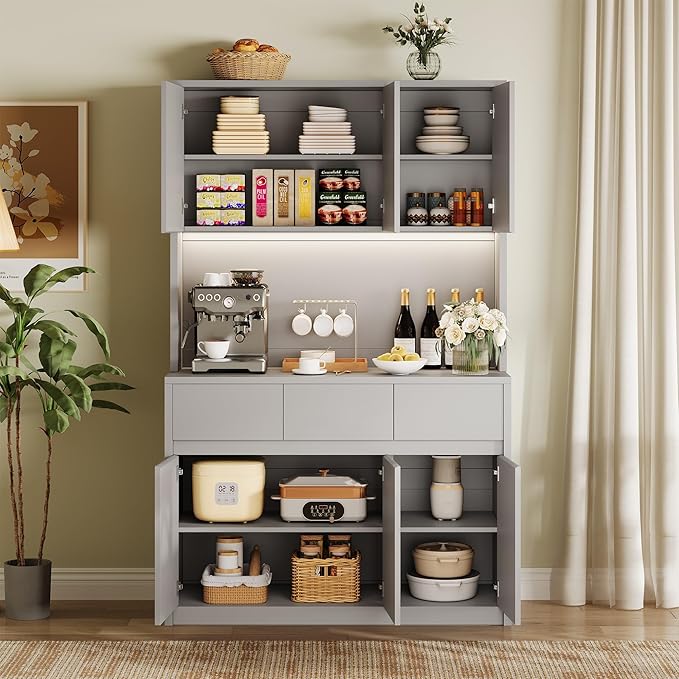 Garvee Kitchen Pantry Cabinet,71 in Tall Storage Cabinet with Doors&Shelves Adjustable, Kitchen Storage Hutch with Microwave Shelf, Led Lights&Charging Station,Corner Pantry Cabinet