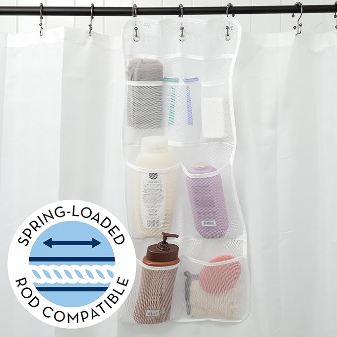 S&T INC. Shower Organizer, Shower Caddy or Bathroom Organizer with Quick Drying Mesh, 7 Pockets to Hold Shampoo, Soap, Loofah, and Cruise Ship Essentials, 14 Inch by 30 Inch, White, 1 Pack