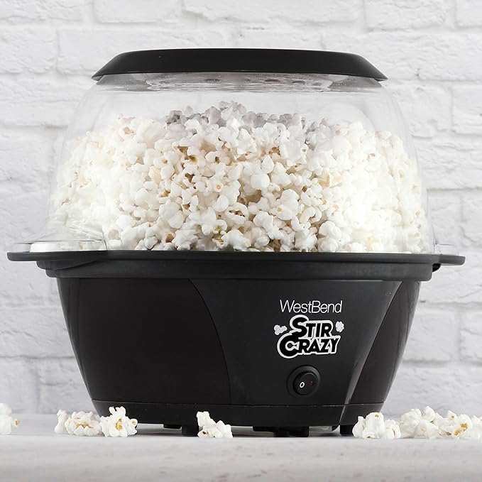 West Bend Stir Crazy Hot Oil Popcorn Popper, Popcorn Maker Machine with Large Serving Bowl Lid and Stirring Rod Perfect for Movie Night Snack Time or Parties, 6-Quart, Black