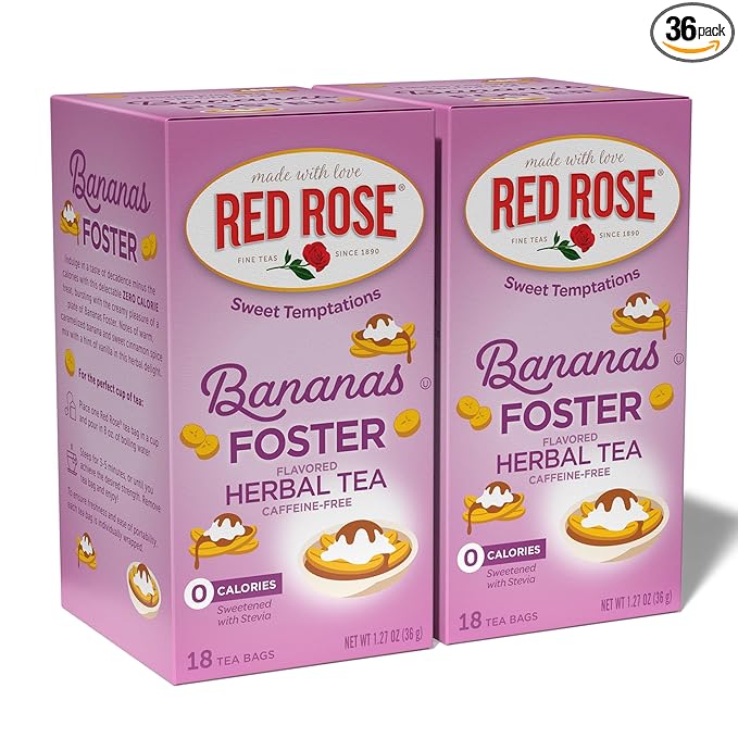 Red Rose Sweet Temptations Dessert Tea Bananas Foster, Zero Carbs, Zero Sugar Bursting with Flavor Caffeine-Free Delicious Beverage Herbal Tea, 18 Count Fruit Naturally Flavored Herbal Tea Pack of 2