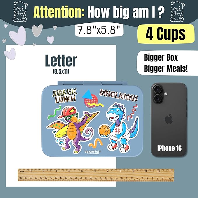 BEARFOOT Kids Lunch Box with Compartments – Compact & Lightweight | Leak-Proof, BPA-Free, Dishwasher & Microwave Safe | Hand-Drawn Design for Preschool, School, Travel (Dinos Blue, 4 Cups)