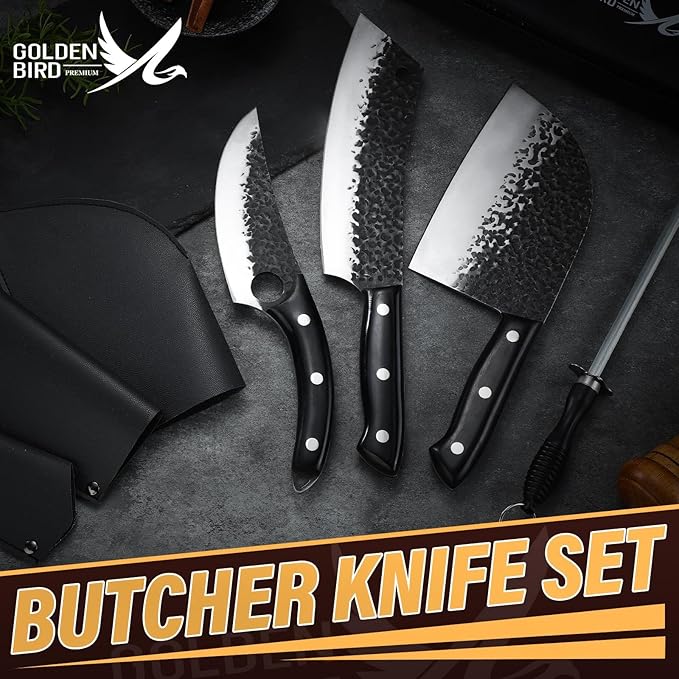 Golden Bird Butcher Knife Set - 4pcs Hand Forged Meat Cleaver Knife & Serbian Chef Knives & Sharp Viking Knives for Meat Cutting, Camping, BBQ, Christmas Gifts for Men Women