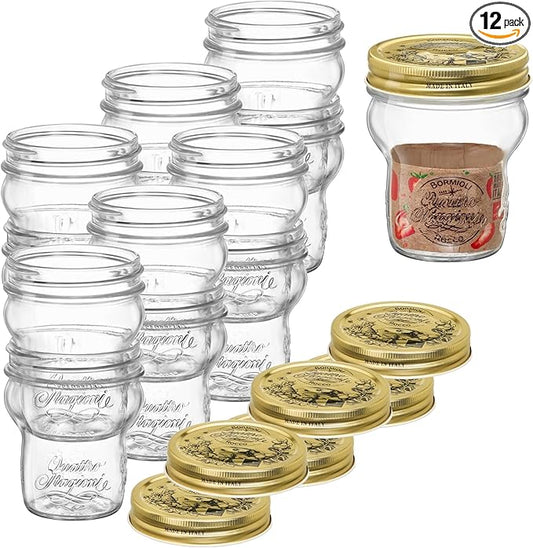 Bormioli Rocco Quattro Stagioni Glass Jars (Set of 12) - 9.25 Oz Stackable Storage Jars with Wide Mouth & Aluminum Lids - Glass Containers for Preserving, Serving, Organizing - Made in Italy