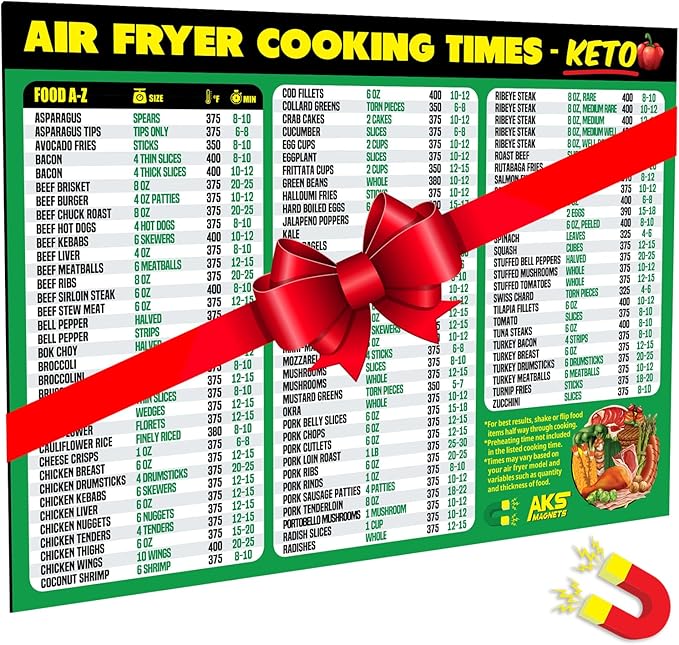 Air Fryer Cheat Sheet Magnet, Keto Edition - Air Fryer Cooking Times Chart for 100 Keto Food Items - Magnetic Airfry Guide for Ketogenic Cookbooks and Recipes - Low Carb Diet Plan Airfryer Accessories