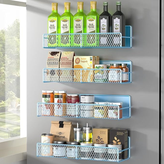 Magnetic Spice Rack for Refrigerator, 4 Pack 100% Metal Strong Magnet Fridge Shelves, Space Saving Spice Organizer, No Drilling Moveable Home Kitchen Laundry Room Storage Organization, Blue