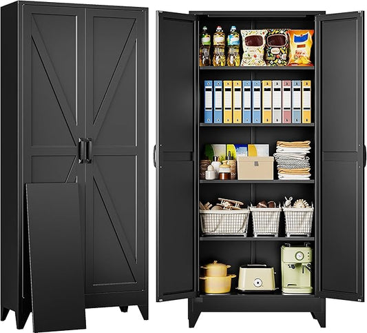 75" Tall Pantry Cabinet,Farmhouse Kitchen Pantry Storage Cabinets with 2 Doors and 4 Shelves,Black Metal Storage Cabinet,Large Cupboard for Home,Kitchen,Dining/Living Room