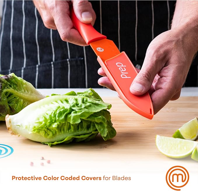 MasterChef Kitchen Knives Set with Covers incl. Paring, Boning, Carving, Bread, Santoku & Chef Knife, Sharp Cutting Stainless Steel Blades with Sheaths, 12 Piece (6 Colored Knives & 6 Covers)