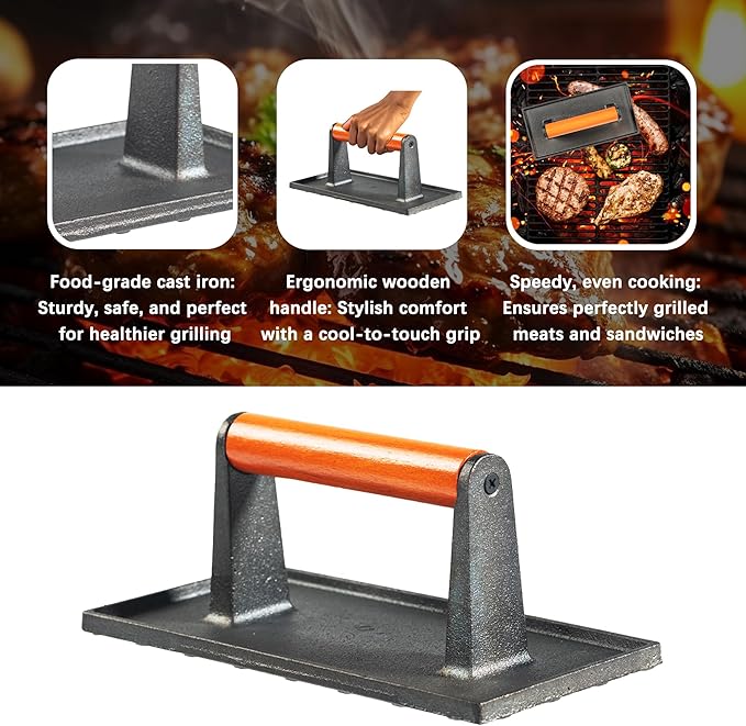 vivicreate Bacon Press, Griddle Press, Grill Press, Meat Press, cast Iron Grill Press, cast Iron Griddle, Iron Press, cast Iron Material with Wooden Handle