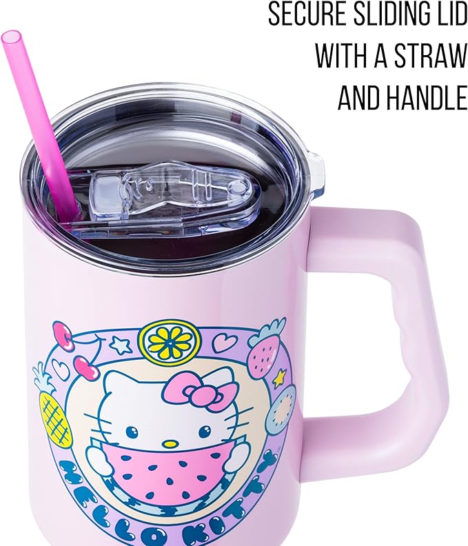 Silver Buffalo Sanrio Hello Kitty Summer Kawaii Fruits Stainless Steel Tumbler with Handle, Fits in Standard Cup Holder, 40 Ounces