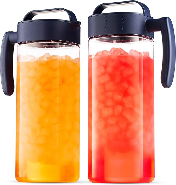 Komax Set of 2 Plastic Water Pitcher with Lid – BPA-Free & Iced Tea Microwave Dishwasher Safe Tea, Sangria, or Juice Containers Lids for Fridge (2.1 Qt), Clear & Blue