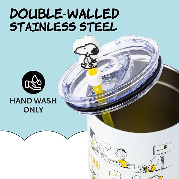 Silver Buffalo Peanuts Iconic Scenes Featuring Charlie Brown, Snoopy, Woodstock, Lucy, Sally, Linus & More Stainless Steel Tumbler w Handle, Straw, & Straw Cap, Fits in Standard Cup Holder, 40 Ounces