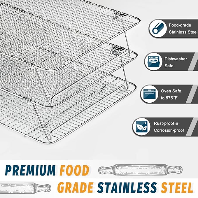 Stainless Steel Stackable Cooling Rack for Baking, 3 Tier 12”x 16.5”,Oven & Dishwasher Salf and Fit Half Sheet,Wire Cooling Racks for Cookie, Pizza, Cake
