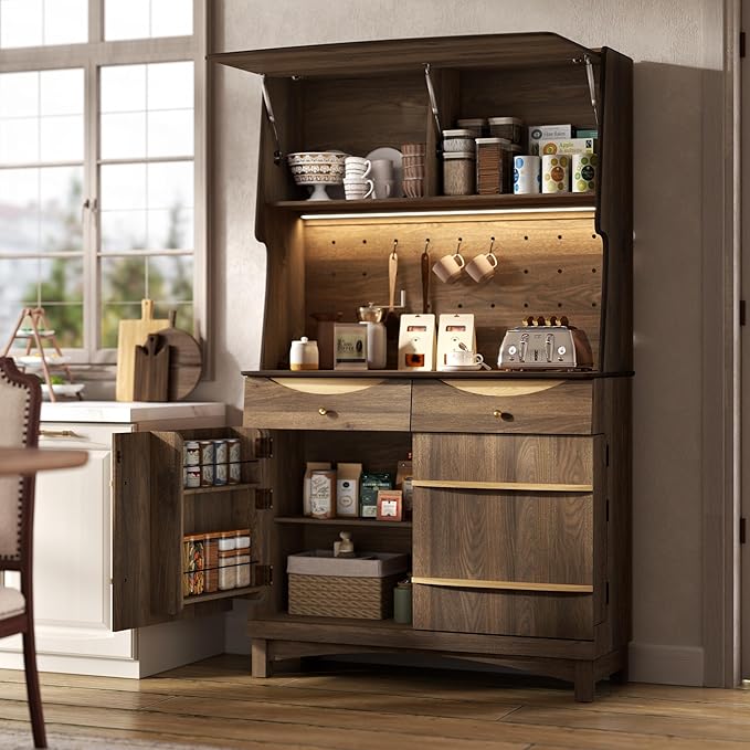 STO'SENSE 72’’ Kitchen Pantry Cabinet w/Power Outlets, Tall Storage Cabinet w/LED Light, FILP-up Door & Pegboard, Freestanding Kitchen Hutch w/Drawers, Solid Wood Handles (Walnut)