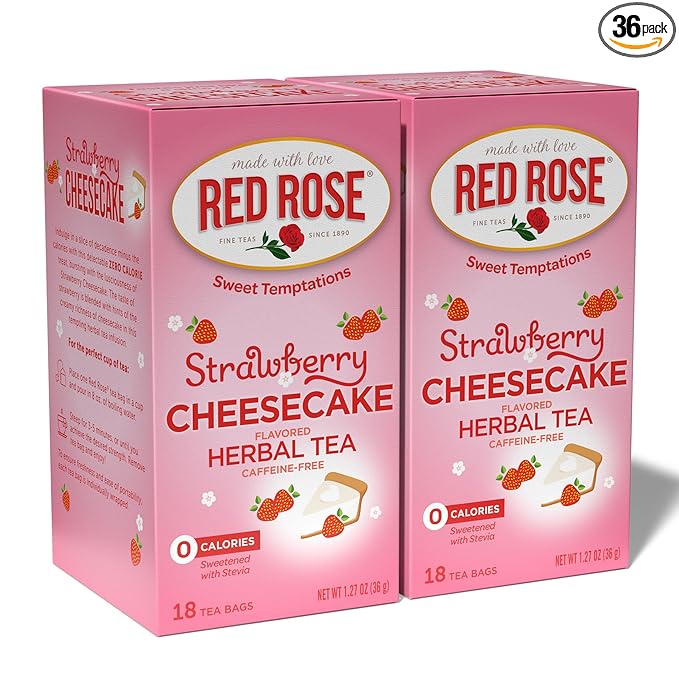 Red Rose Sweet Temptations Dessert Tea Strawberry Cheesecake, Zero Carbs, Zero Sugar Bursting with Flavor Caffeine-Free Delicious Beverage Herbal Tea, 18 Count Pack of 2 Fruit Naturally Flavored Herbal Tea