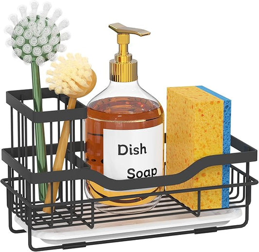 Sponge Holder for Kitchen Caddy Sink Organizer, Multifunctional Rustproof Dish Soap Sponge Caddy for Sink Counter with Detachable Brush Holder & Drain Tray - Storage Kitchen & Home Accessories