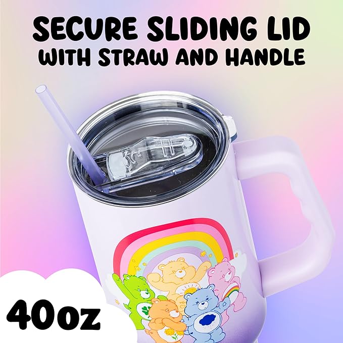 Silver Buffalo Care Bears Rainbow Featuring Funshine, Cheer, Grumpy, Friend, and Good Luck Bear Stainless Steel Tumbler with Handle and Straw, Fits in Standard Cup Holder, 40 Ounces