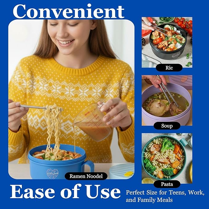AI LOVE PEACE Ramen Bowl, 40 oz Microwaveable Noodle Cooker for Ramen, Pho, Soup, and Pasta, Dishwasher Safe and Portable, Ideal for Home, Office, Dorm, or Gift (Blue)