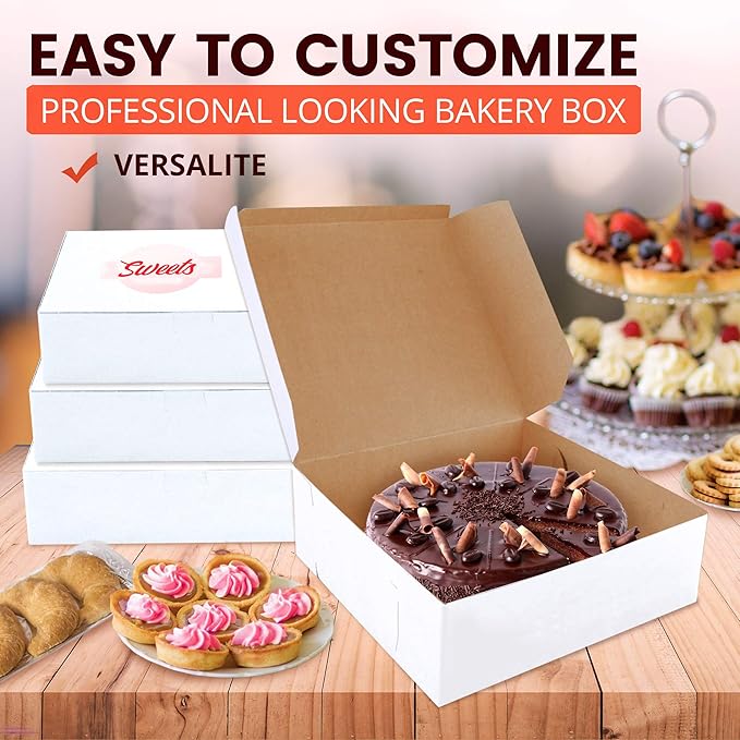 Fit Meal Prep [25 Pack] Pastry Boxes 8x8x3 White Bakery Box for Cookies, Compostable Kraft Paper Cardboard for Baked Goods Packaging, Cake, Food, Donut, Cupcake, Candy, Bread, Bridesmaid Gift Box