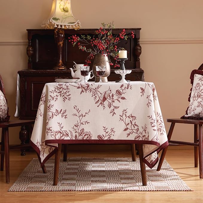 ISAENNE Designer Vintage Linen Rectangular Tablecloth,Red Floral Pattern Linen Stain Resistant Table Cloth,Decor Tablecloths for Dining Thanksgiving Kitchen Tea Party,55"*87"-Harmony
