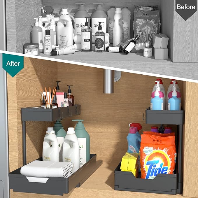 2 Pack Under Sink Organizer 2 Tier Sliding Cabinet Organizers Multi-Purpose Sink Storage Basket L-Shape Narrow Space Storage Shelves with 4 Hook for Kitchen Bathroom Drawer, Black