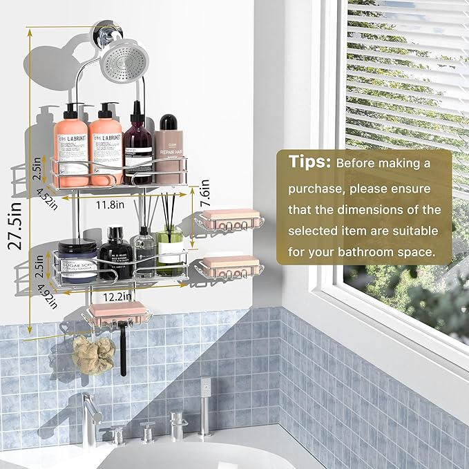 Over the Shower Head Caddy - 3 Tier Shower Caddy Hanging, Rustproof, Bathroom Rack Organizer With Hooks, Razor&Soap Holder, Brushed Nickel