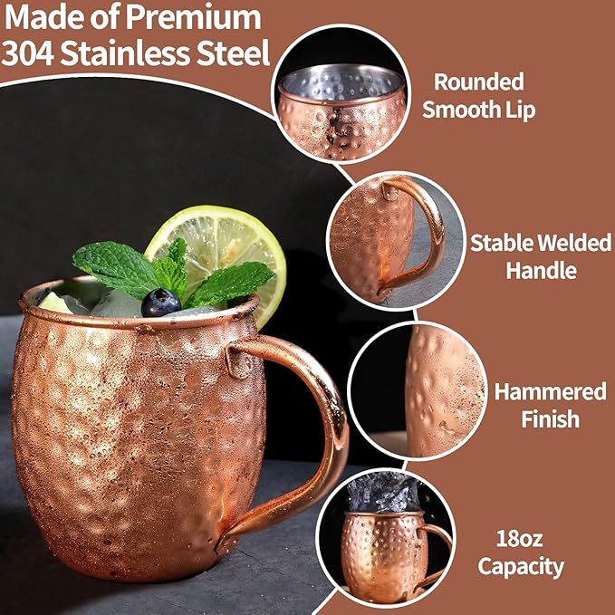 LINALL Moscow Mule Copper Mugs- Set of 2 Copper Plated Stainless Steel Mug 18oz, for Chilled Drinks (2 pcs)
