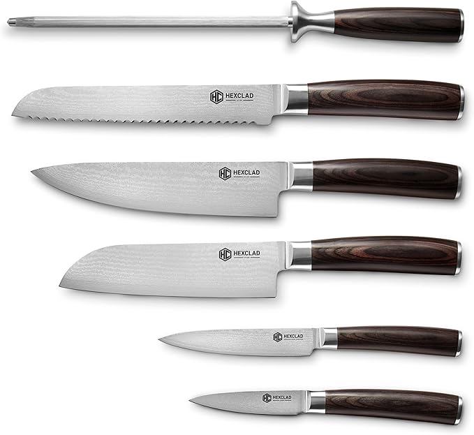 HexClad 6-Piece Espresso Damascus Knife Set, 67-Layer Japanese Damascus Stainless Steel Blades, 60 HRC, Made with the 3-Step Honbazuke Method, Pakkawood Handles, 12-Degree Edge