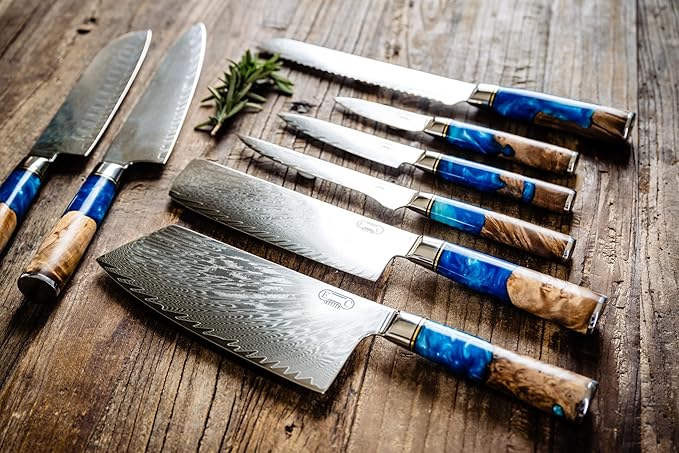 Epicurean Cook Tidal Collection 8 PCS Damascus Knife Set Japanese Kitchen Knives with VG10 Steel Core Ultra-Sharp Professional Chef Knife Set with Elegant Box and Blue Resin and Burl Wood Handles