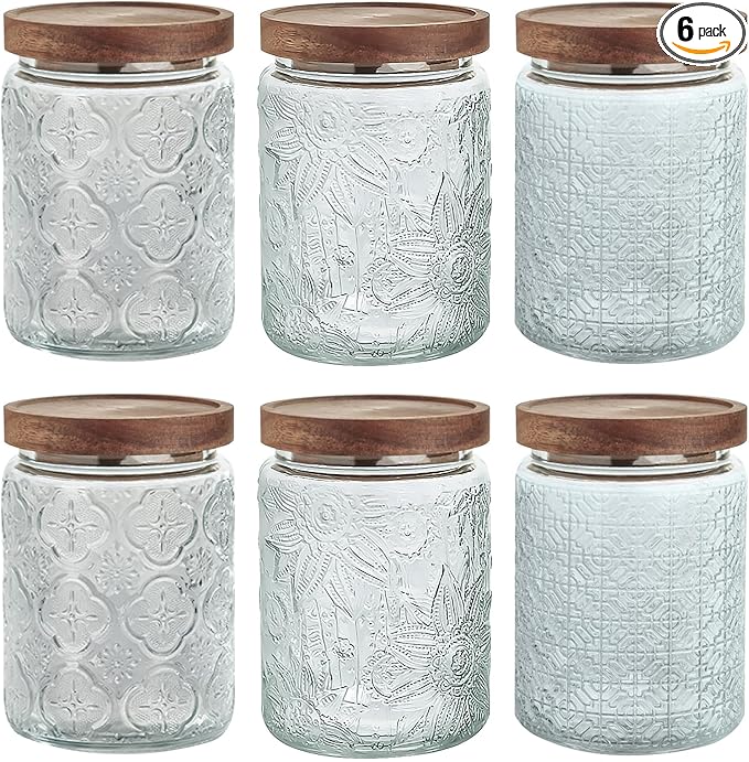 24 OZ/6 PCS Glass Storage Jar with Airtight Bamboo Wooden Lids, Vintage Food Containers Canisters Sets for Kitchen Counter Pantry, Sugar, Flour, Candy, Tea, Coffee Beans, Oats, Grain Bin, Pasta,