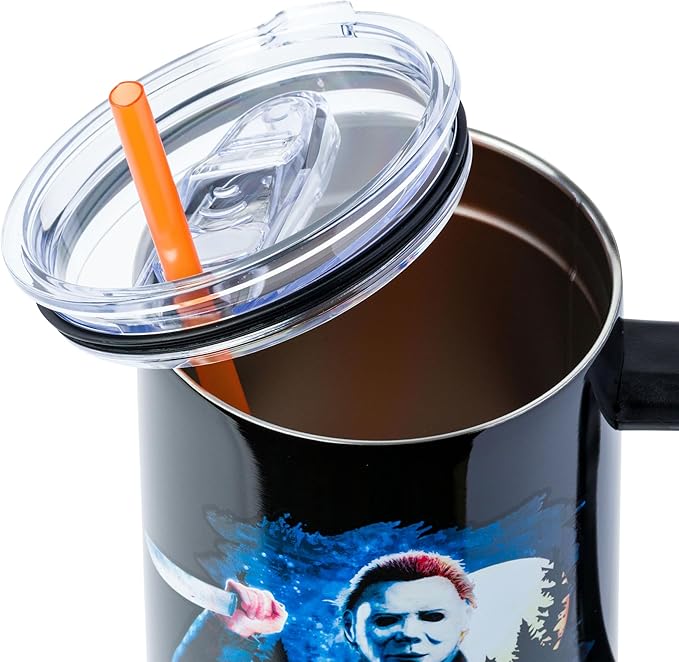 Silver Buffalo Halloween II “The Nightmare Isn’t Over” Stainless Steel Tumbler with Handle Featuring Michael Myers, Fits in Standard Cup Holder, 40 Ounces