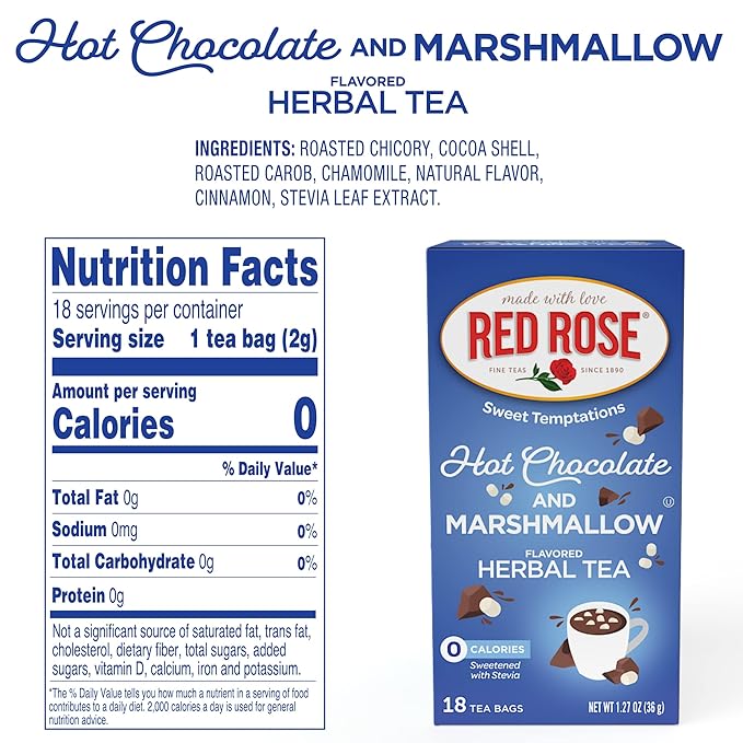 Red Rose Sweet Temptations Dessert Tea Hot Chocolate with Marshmallow, Zero Carbs, Zero Sugar Bursting with Flavor Caffeine-Free Delicious Beverage Herbal Tea, 18 Count Naturally Flavored Herbal Tea Pack of 2