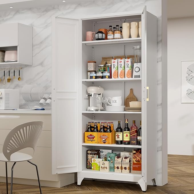 Kitchen Pantry Storage Cabinets, 75" Tall Metal Storage Cabinet with Doors and 4 Shelves, White Pantry Cabinet, Utility Kitchen Cupboard, Large Steel Cabinets for Dining, Office, Living Room