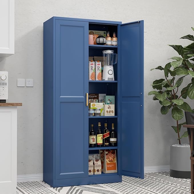 71" Tall Metal Storage Cabinet, Kitchen Pantry Storage Cabinets with Doors and 4 Adjustable Shelves, Food Pantry Cabinet, Large Cupboard, Utility Steel Cabinets for Dining, Living Room, Blue