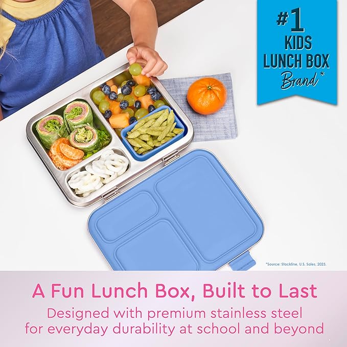 Bentgo Kids Stainless Steel Prints Leak-Resistant Lunch Box - 3-Compartments with Silicone Container, Durable, Eco-Friendly, Dishwasher Safe, BPA-Free, for School, Ages 3+ (Rainbows & Butterflies)