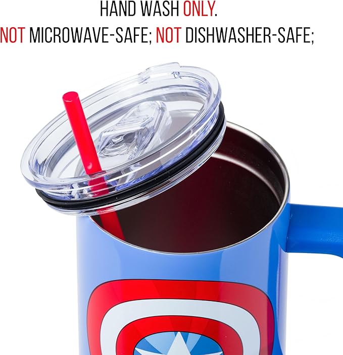 Silver Buffalo Marvel Captain America Shield Stainless Steel Tumbler with Handle and Straw, Fits in Standard Cup Holder, 40 Ounces