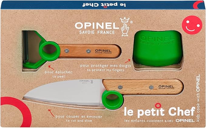 OPINEL Le Petit Chef Complete 3 Piece Kitchen Set, Chef Knife with Rounded Tip, Fingers Guard, Peeler, For Children and Teaching Food Prep and Kitchen Safety, Made in France (GREEN)