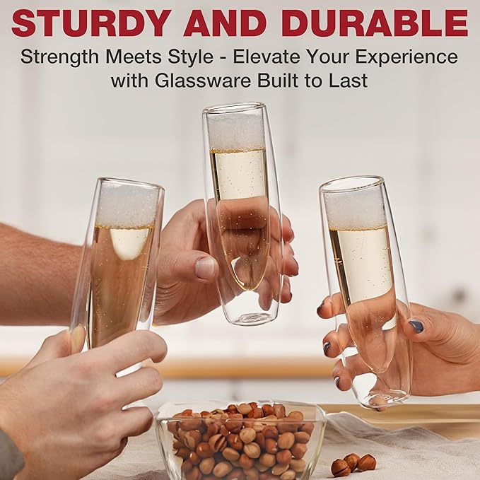 Eparé Stemless Champagne Flutes Glass - Set of 4 Double Wall Champagne Glasses for Mimosas, Prosecco, and Cocktails - Modern Lightweight Glass Stemless Flute Glasses for Celebrations