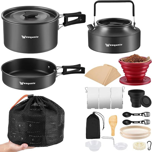 Camping Cooking Cookware Mess Kit - Non-Stick Lightweight Pot Pan Kettle Set with Collapsible Pour Over Coffee Dripper, Outdoor Kitchen Cook Essentials Gear for Camping Hiking Picnic