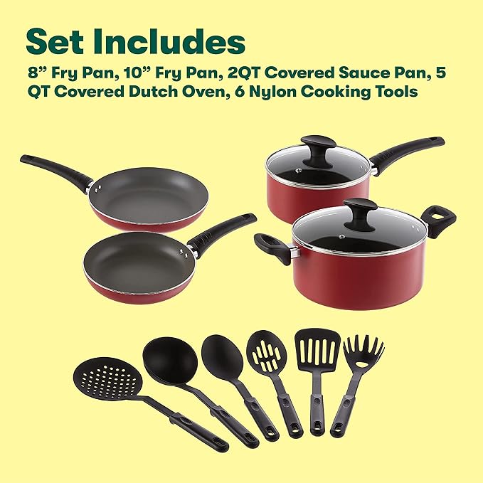 BELLA Cookware Set, 12 Piece Pots and Pans with Utensils, Nonstick PFOA Free Scratch Resistant Cooking Surface Compatible with All Stoves, Nylon and Aluminum, Red