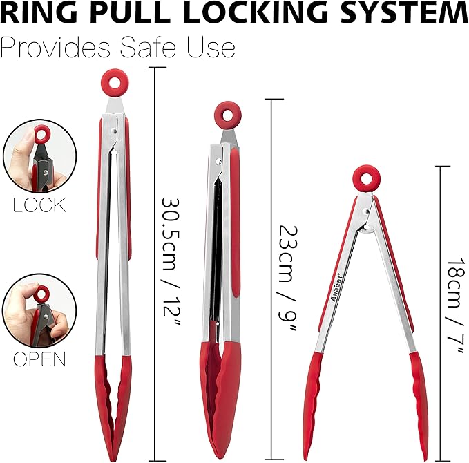 Anaeat Non-Stick Silicone Locking Tong Set of 3 - Stainless Steel 7", 9" and 12" Kitchen Food Tongs with Non-Slip Silicone Tips and Grip for Cooking, Baking and BBQ - Heat Resistant up to 480°F (Red)